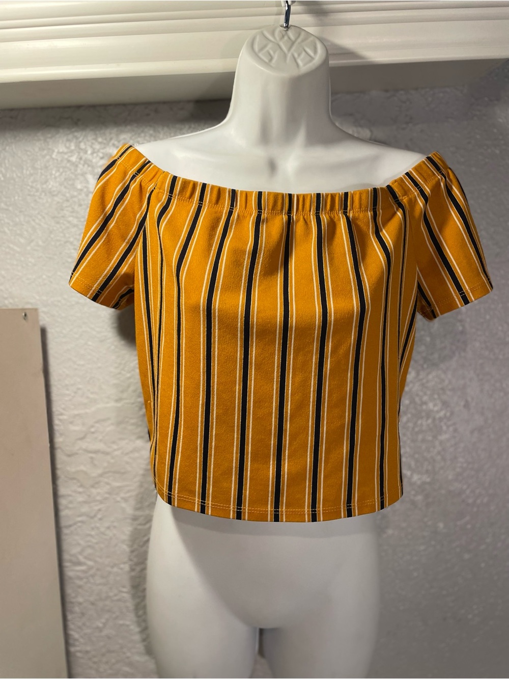 love J Mustard Yellow Striped Off-Shoulder Crop Top